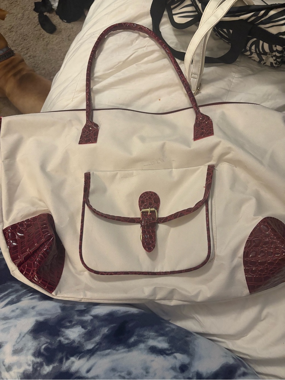 Women’s Cream Tote Bag with Burgundy Trim